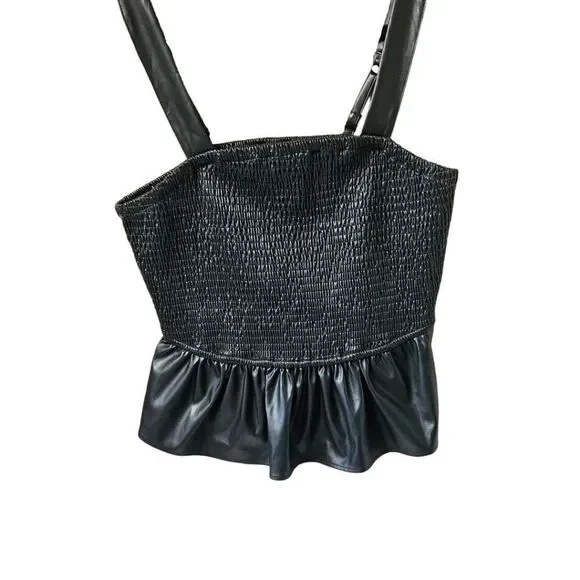 TORRID BlackβPeplum Fauxe Leather Crop Smocked Tank Top Classic Preppy 1X - Picture 2 of 16